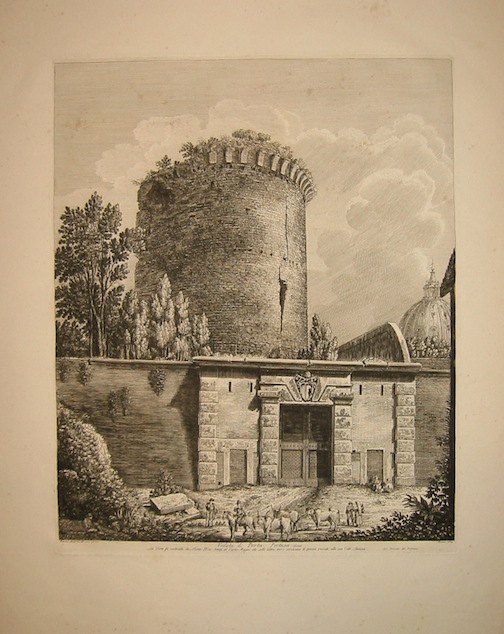 Rossini Luigi (1790-1875) Veduta di Porta Pertusa chiusa. La Torre fu costruita da Leone IV ai tempi di Carlo Magno che colle altre torri servivano di primo recinto alla sua Città  Leonina 1829 Roma